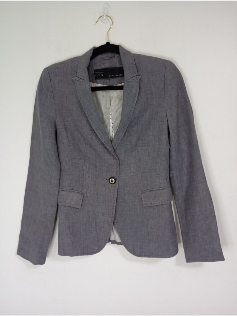 Zara Basic Womens Gray Linen Blazer Size S Single-Button Long Sleeve Lightweight